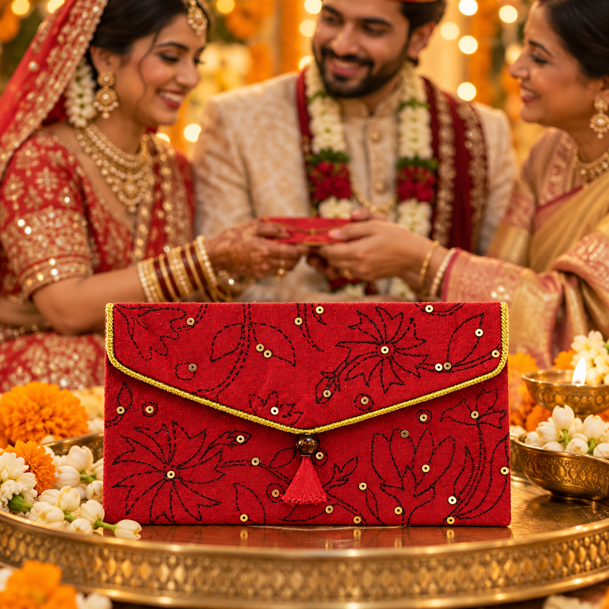 Mangalam Patra envelope styled for an Indian wedding gifting moment