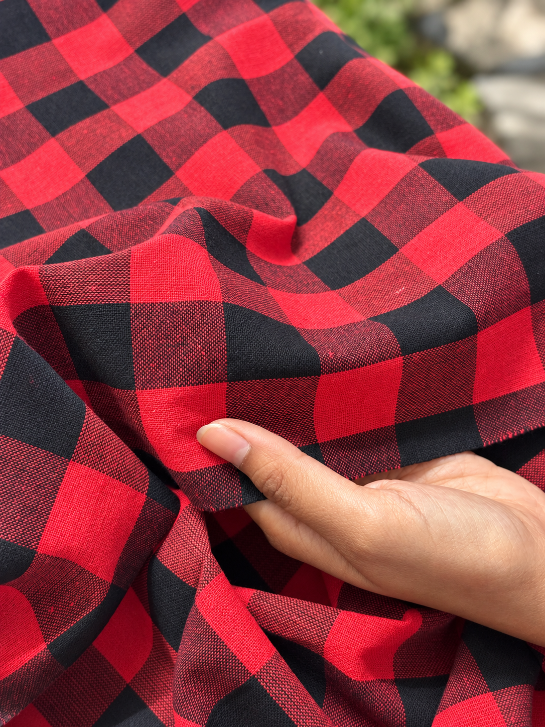 Red and Black Checked Khaddar Cotton Fabric