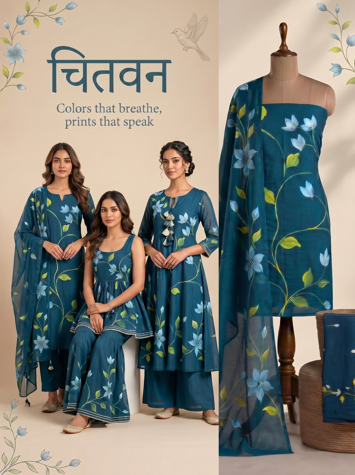 Khaddar Exclusive Hand Painted 3 Pcs Unstitched Suit Set - Midnight Teal Blossom