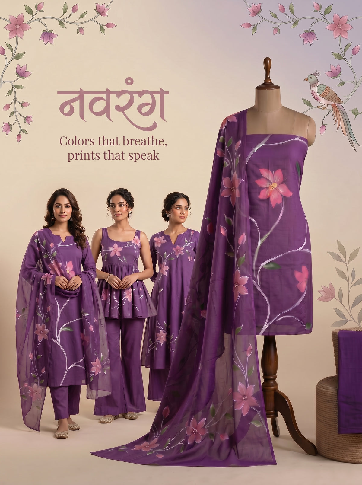 Khaddar Exclusive Hand Painted 3 Pcs Unstitched Suit Set - Royal Plum Floral