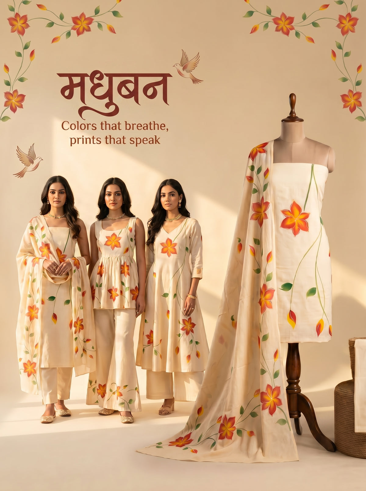 Khaddar Premium Hand Painted 3 Pcs Unstitched Suit Set - Beige Floral Vine