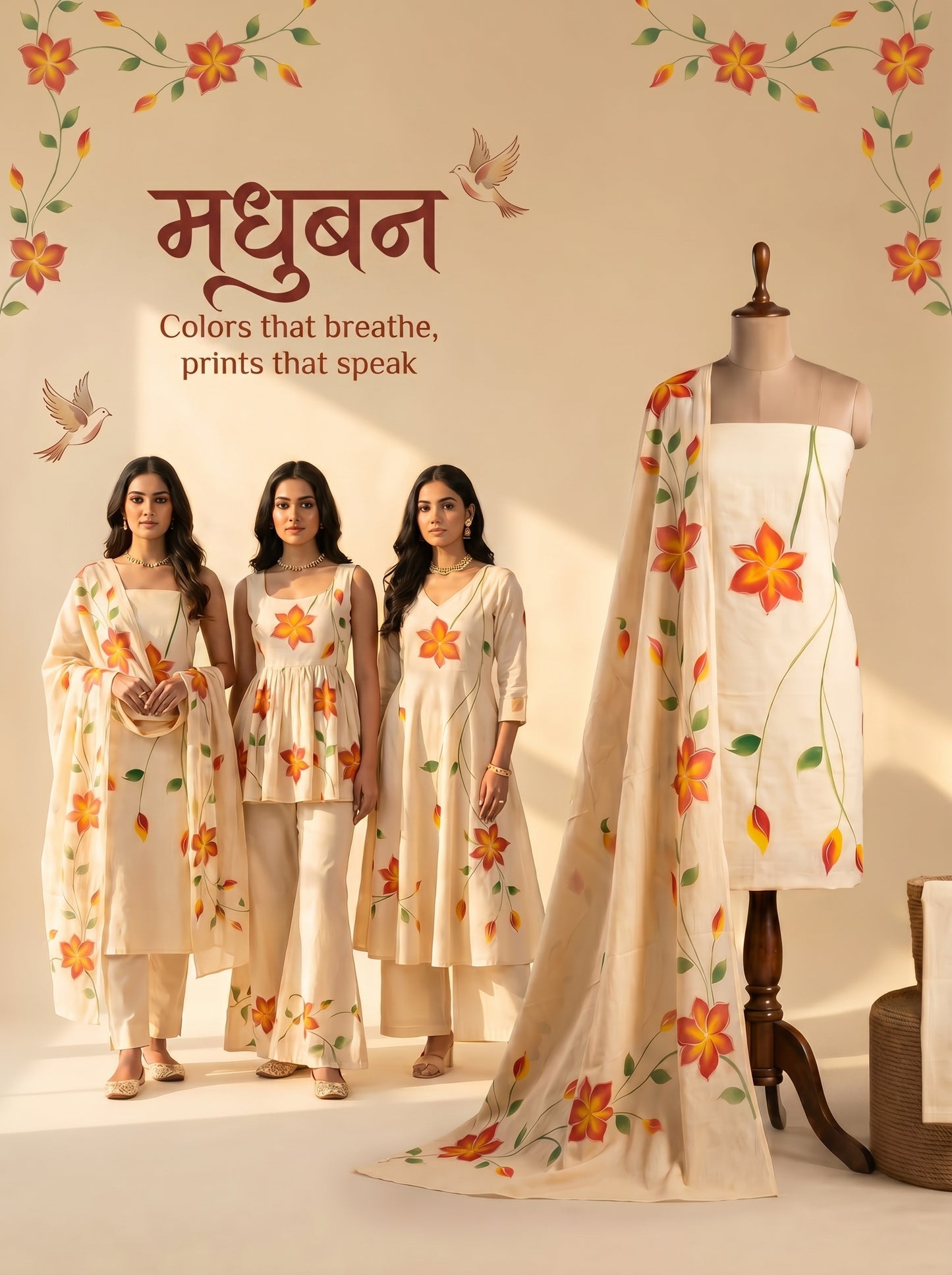 Khaddar Premium Hand Painted 3 Pcs Unstitched Suit Set - Beige Floral Vine