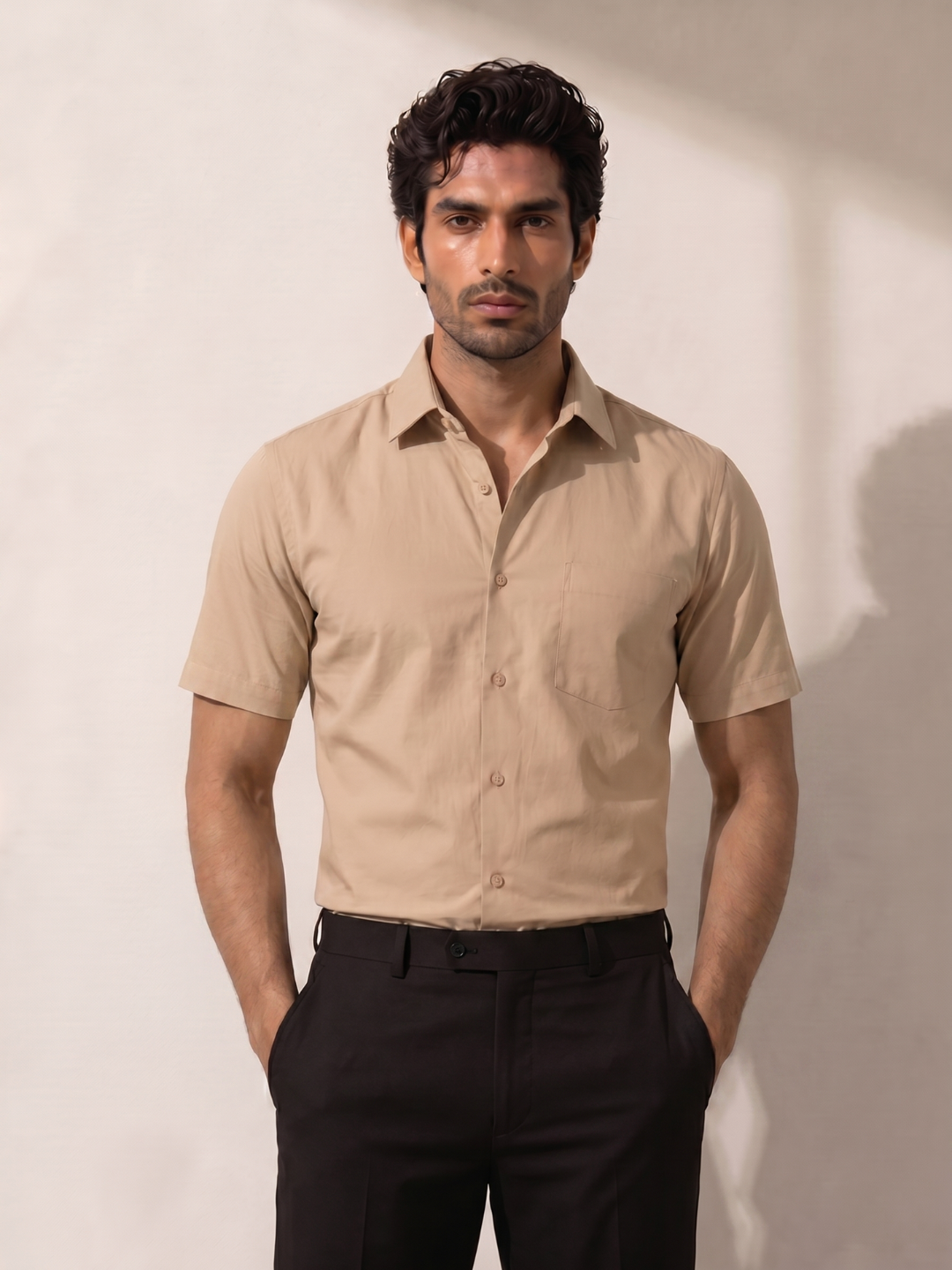 Beige Khadi Cotton Smart Casual Shirt Half Sleeve