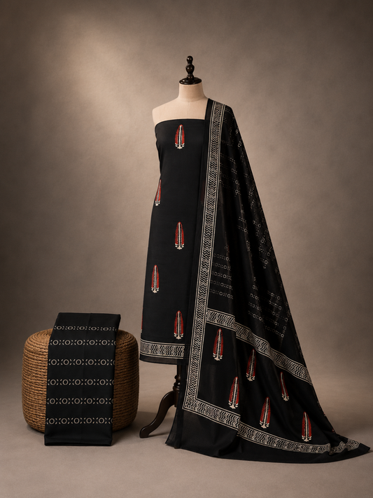 Black Batik Leaf Motif - 3-Piece Unstitched Suit Set
