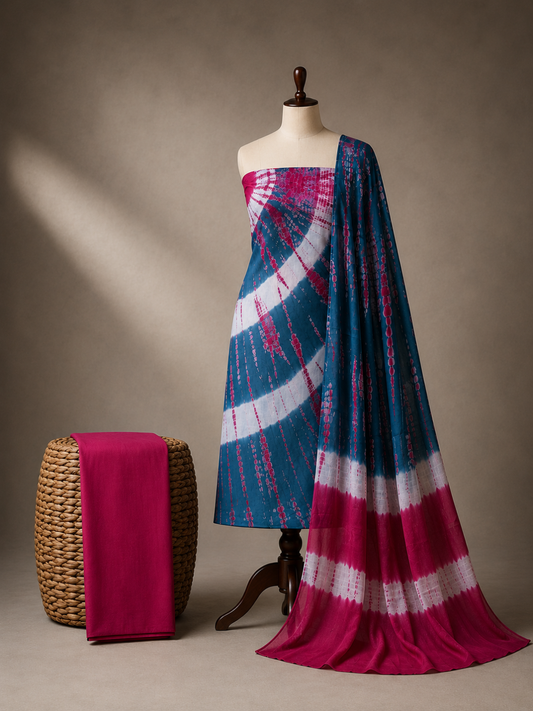 Teal & Pink Shibori Tie-Dye | 3-Piece Unstitched Suit Set