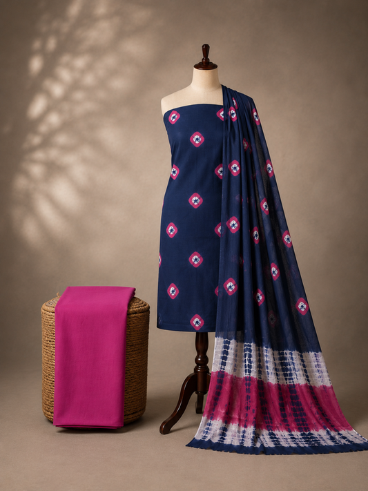 Navy Blue Tie-Dye Bandhani Motif | 3-Piece Unstitched Suit Set