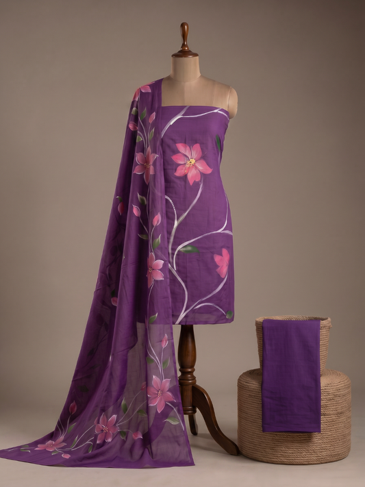 Khaddar Exclusive Hand Painted 3 Pcs Unstitched Suit Set - Royal Plum Floral
