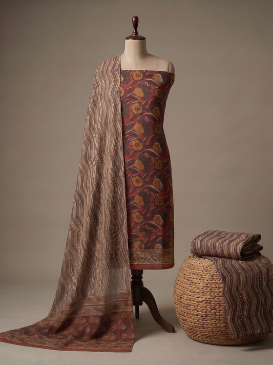 Rust Brown Floral Block Print - 3 Piece Unstitched Suit Set