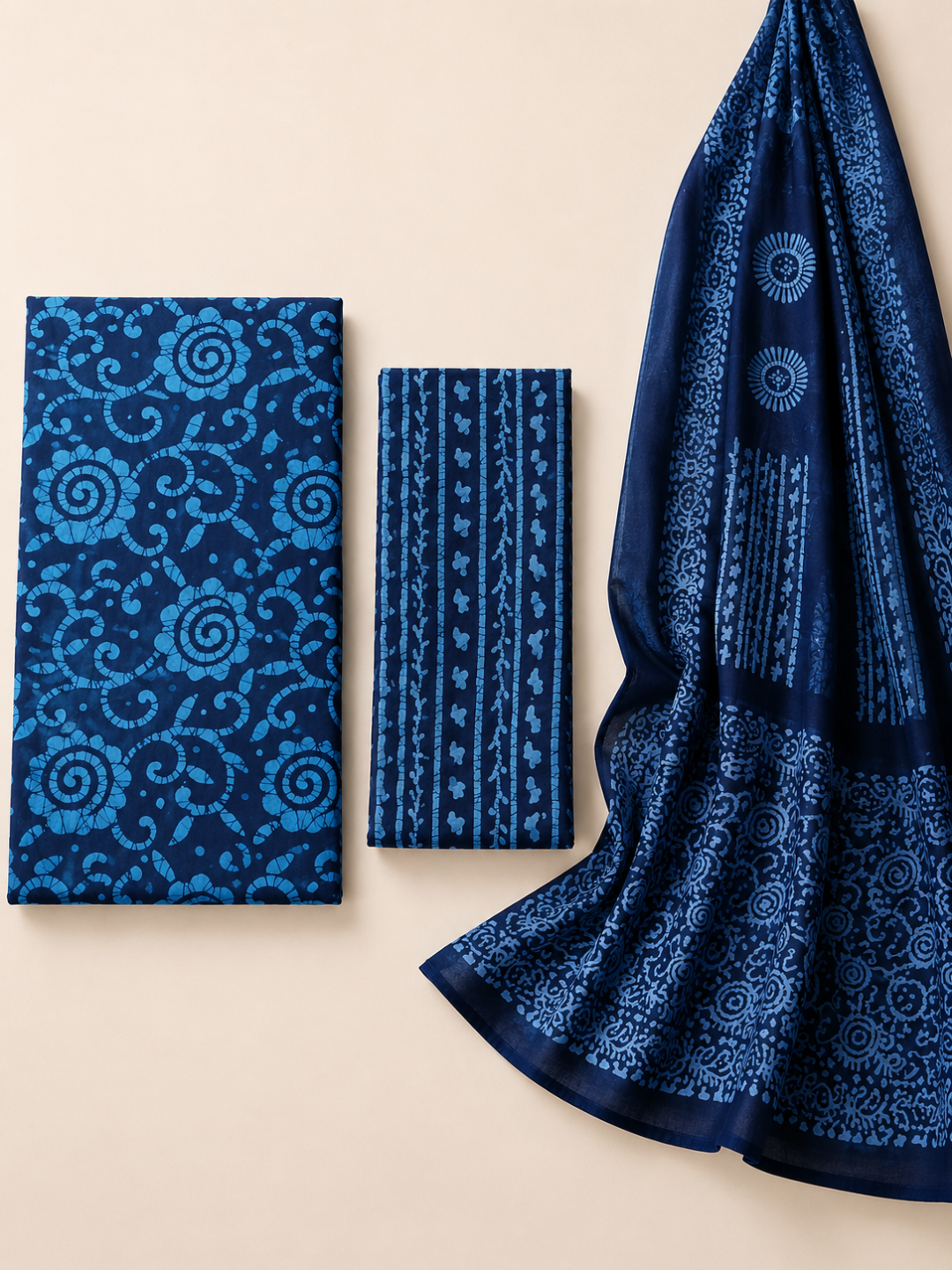 Blue Batik Spiral Print with Ethnic Dupatta 3 Pcs Unstitched Suit Set