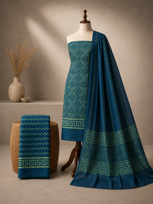 Teal Blue Batik Geometric Motif | 3-Piece Unstitched Suit Set