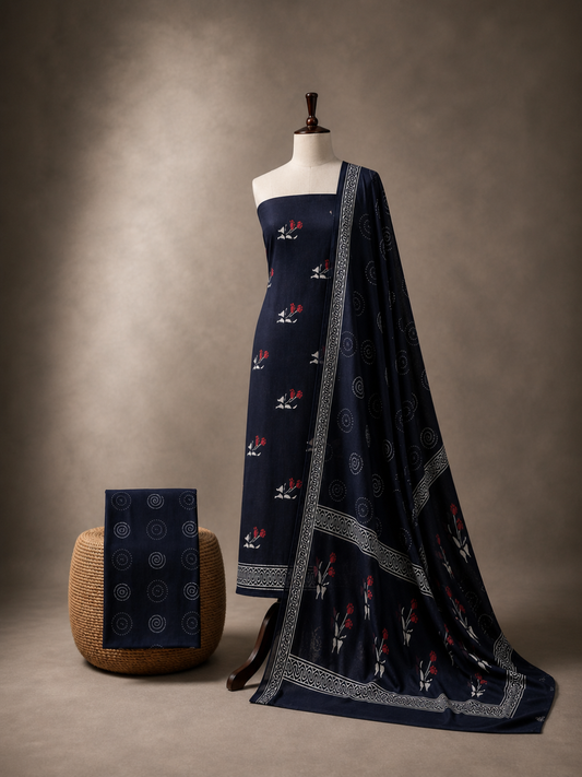 Black Color Batik Floral Buti Print | 3-Piece Unstitched Suit Set