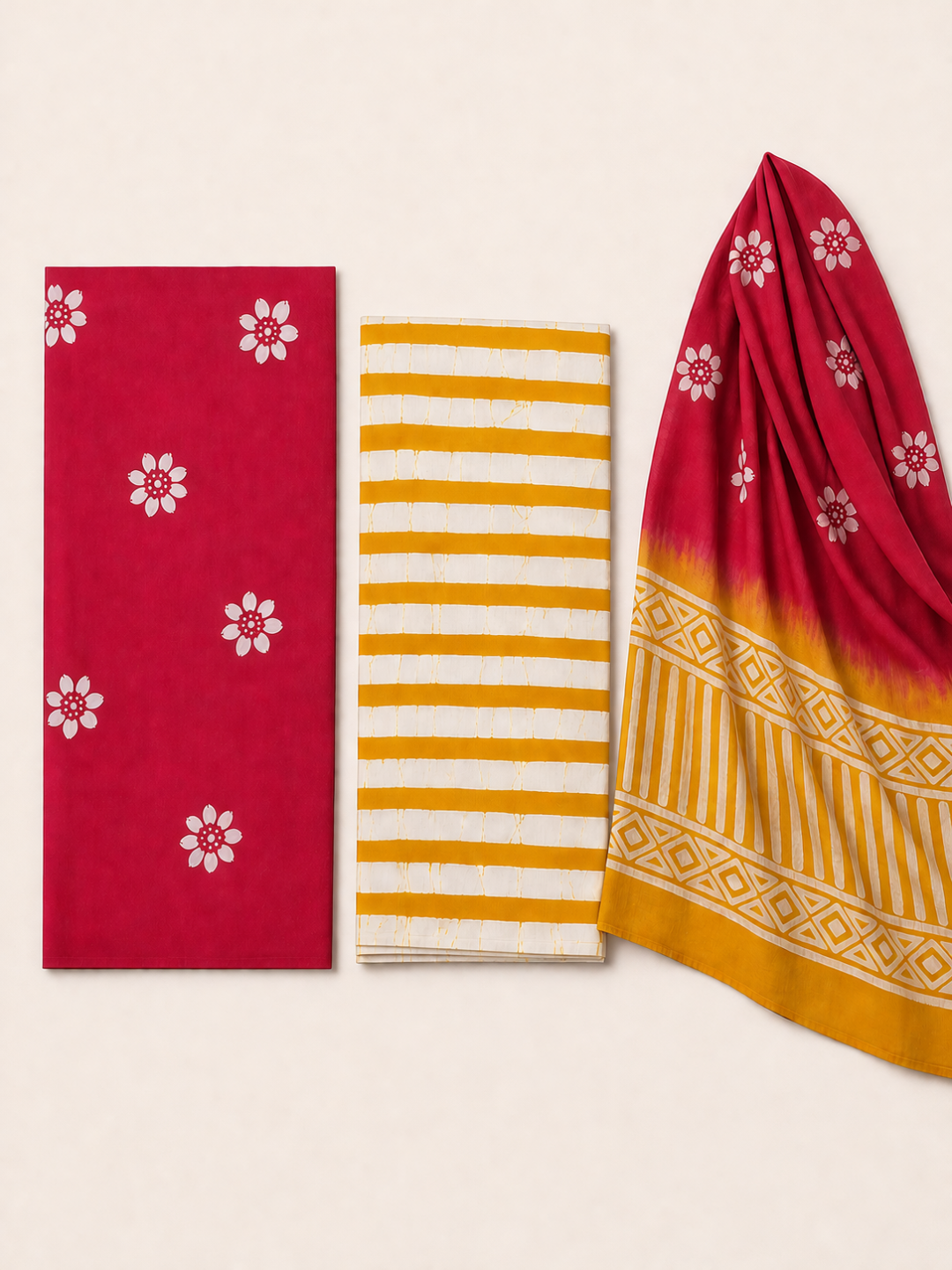 Red Batik Floral Buti & Stripe | 3-Piece Unstitched Suit Set