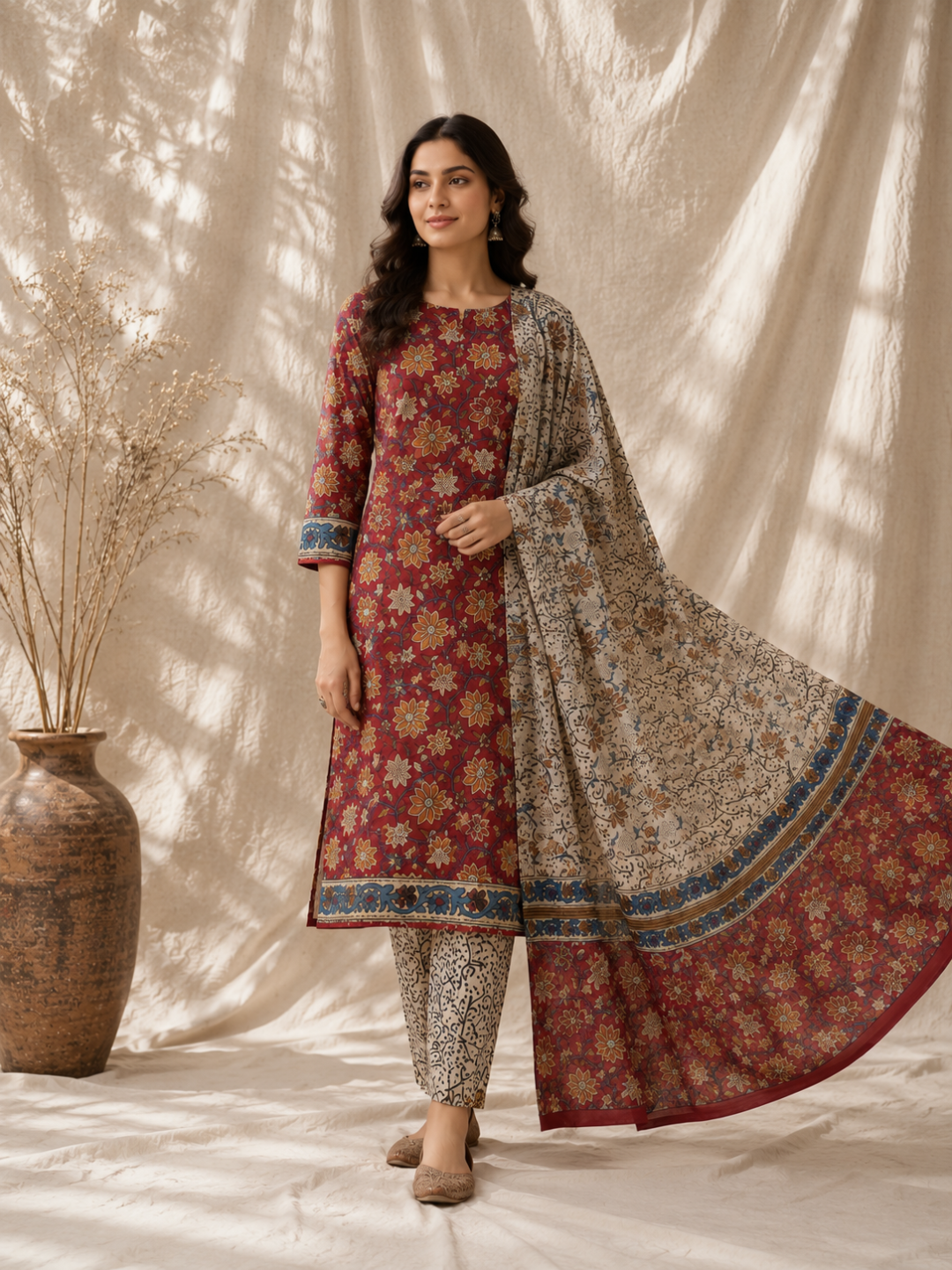 Rust Red Floral Block Print | 3-Piece Unstitched Suit Set