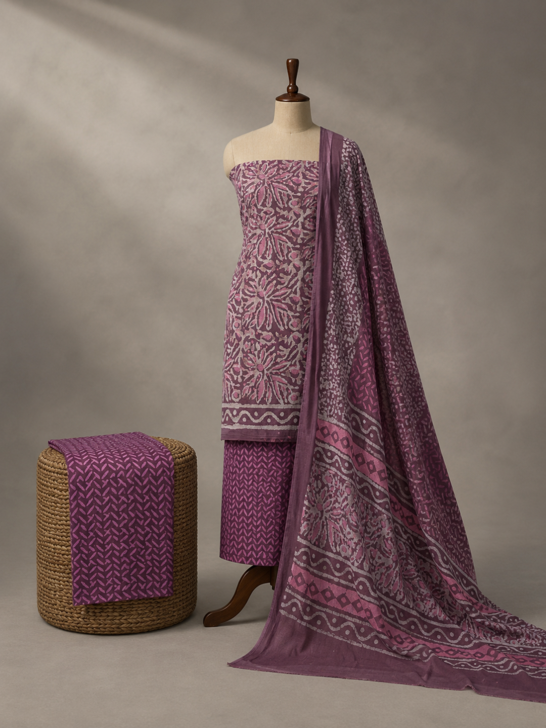 Blush Petal Batik Cotton Fabric  | 3-Piece Unstitched Suit Set