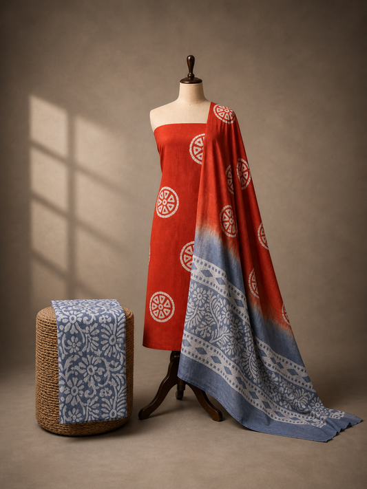 Orange & Blue Batik Floral Vine | 3-Piece Unstitched Suit Set