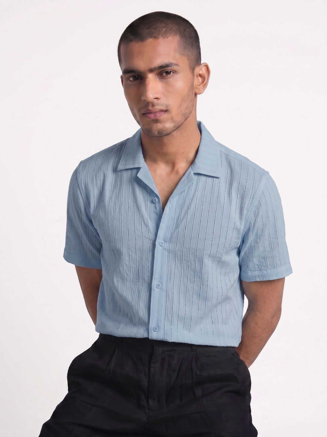 Khadi Pigeon Blue Cuban Collar Half Sleeve  Shirt