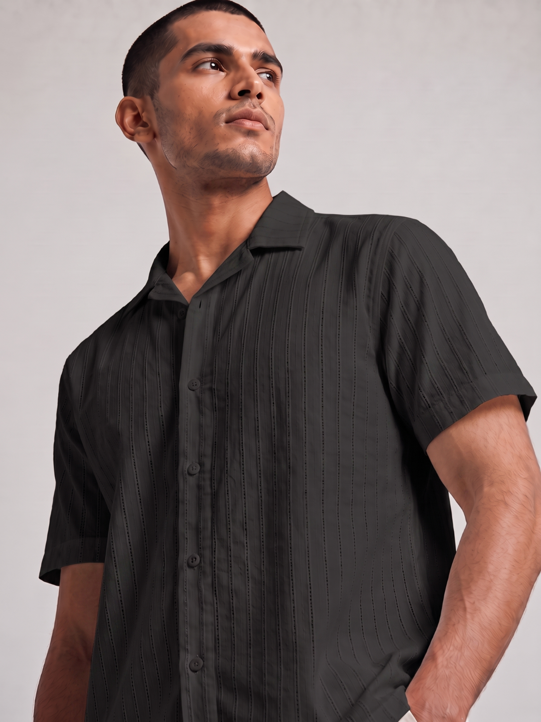 Khadi Midnight Black Cuban Collar Half Sleeve  Shirt