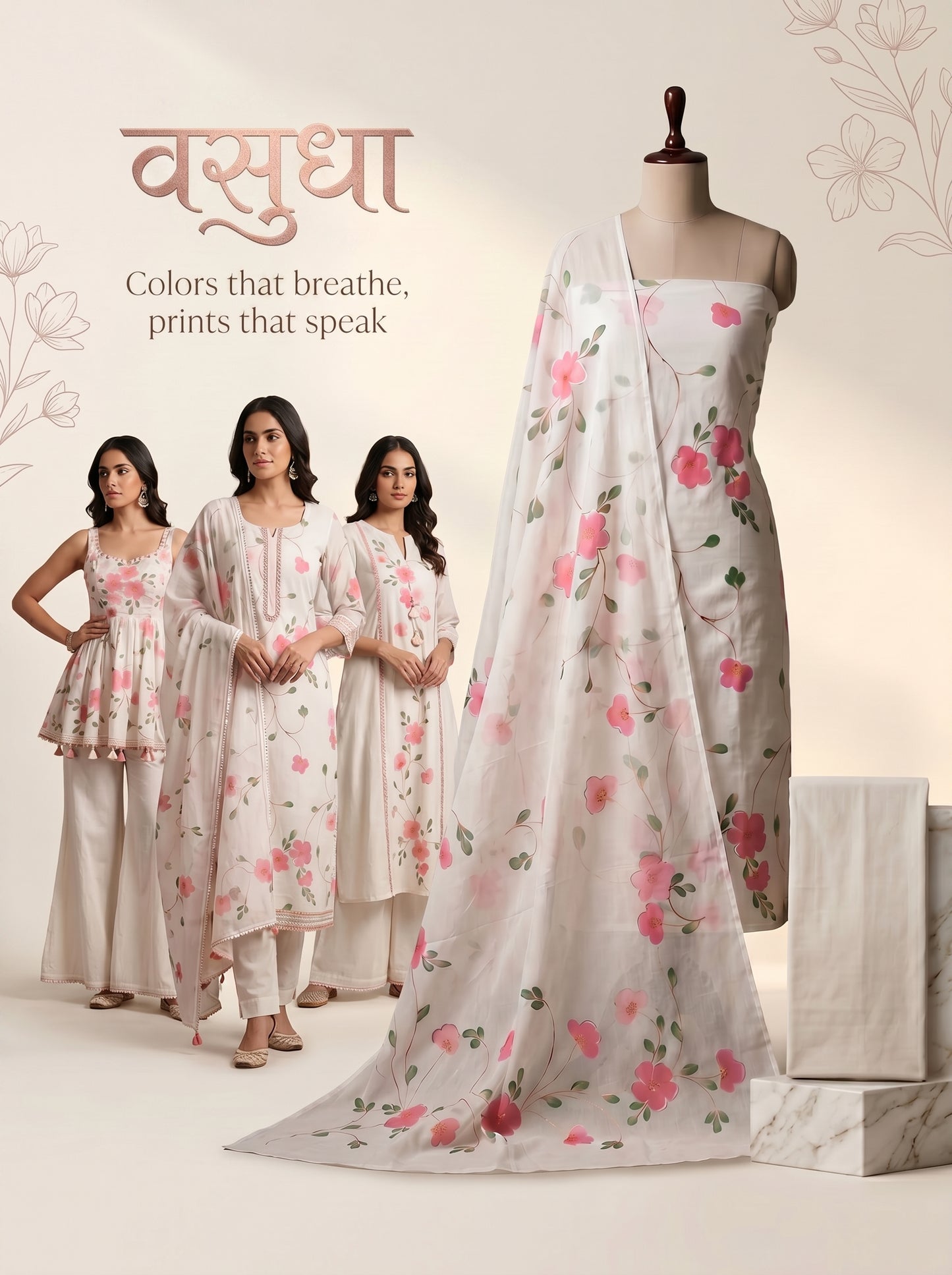 Khaddar Exclusive Hand Painted 3 Pcs Unstitched Suit Set - White & Pink Floral