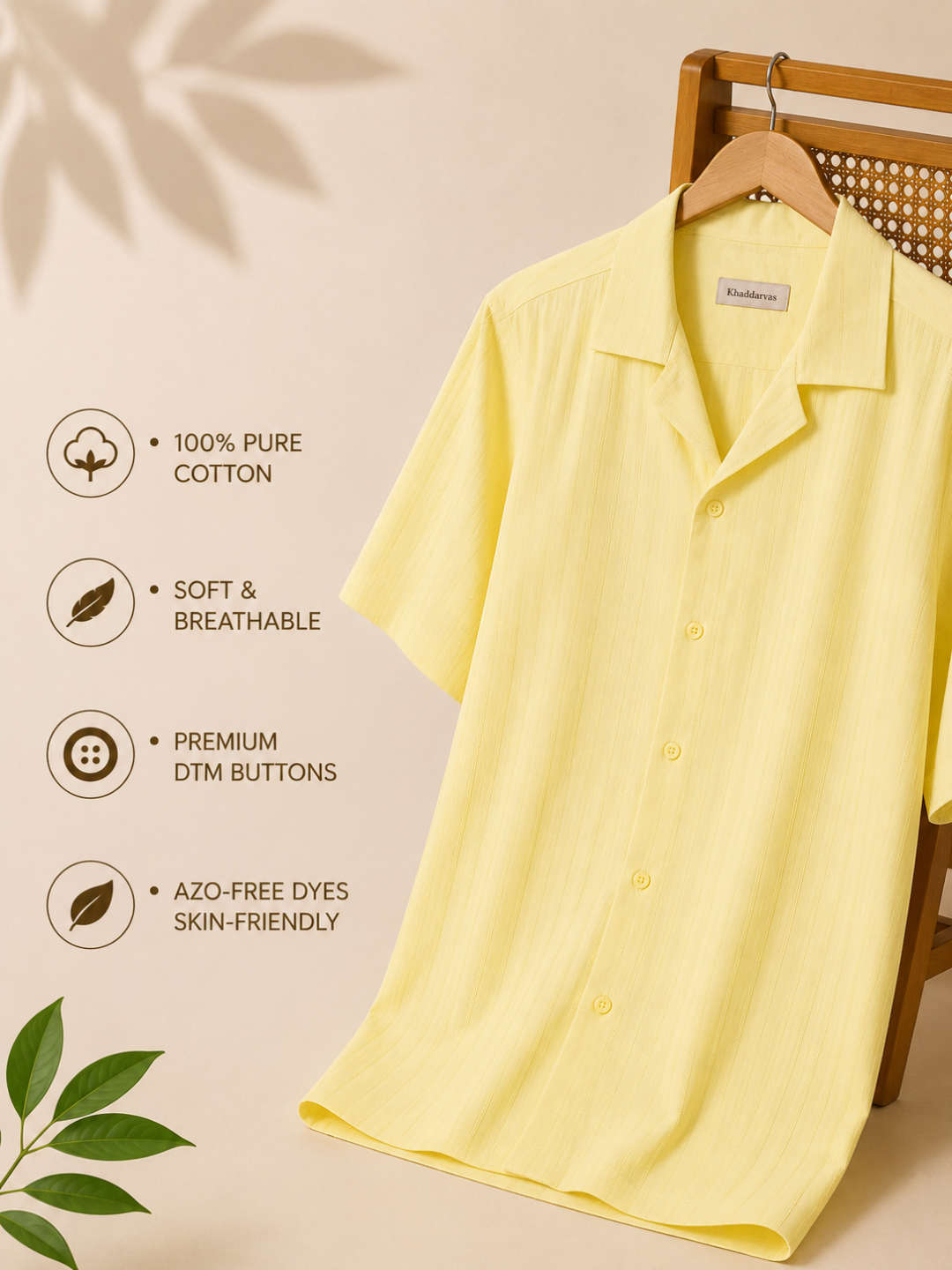 Khadi Lemon Yellow Cuban Collar Half Sleeve  Shirt
