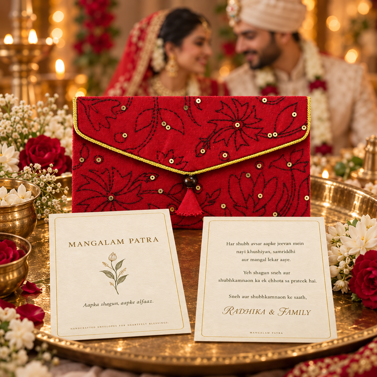 Mangalam Patra and wishes card in a wedding gifting setting