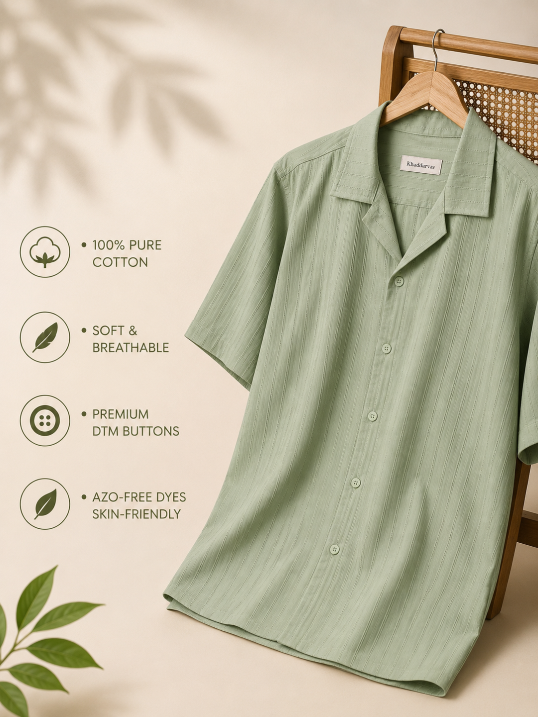 Khadi Fern Green Cuban Collar Half Sleeve Shirt