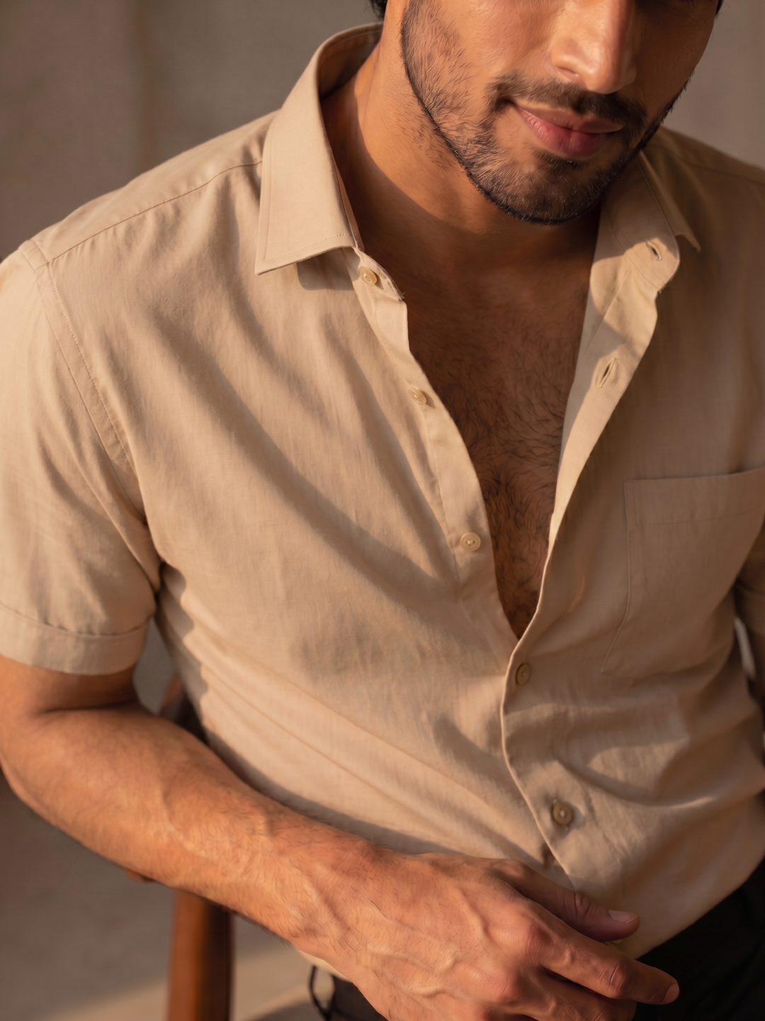 Beige Khadi Cotton Smart Casual Shirt Half Sleeve