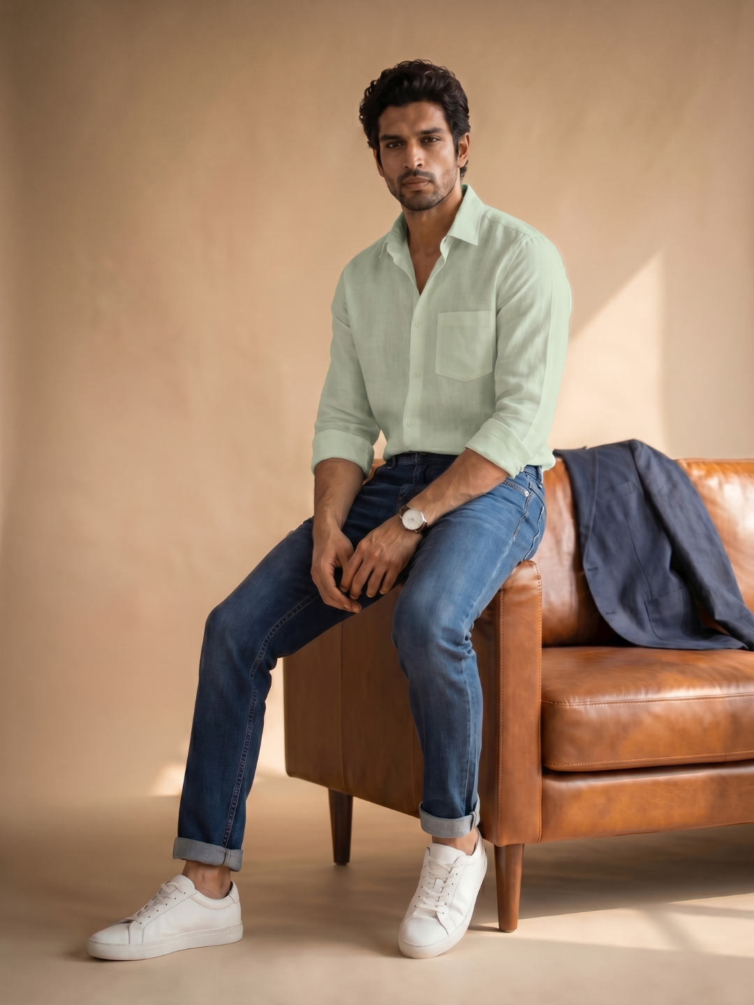 Olive Khadi Cotton Smart Casual Shirt Full Sleeve