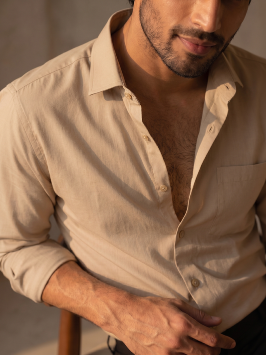 Khadi Cotton Beige Full Sleeve Smart Casual Shirt