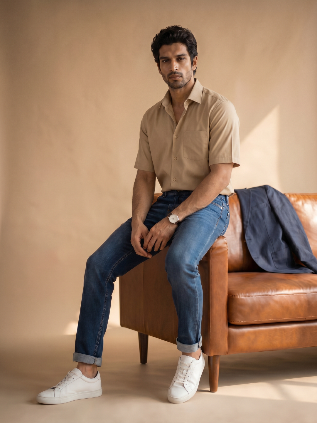 Beige Khadi Cotton Smart Casual Shirt Half Sleeve