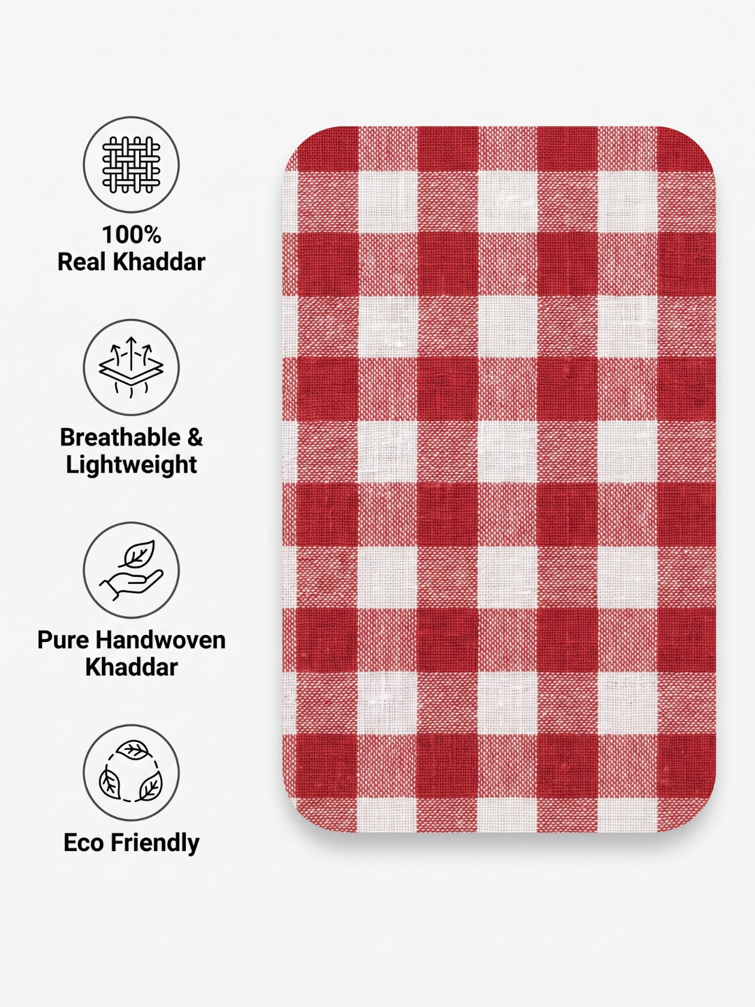 Red & White Buffalo Check Handwoven Khadi Cotton Fabric
