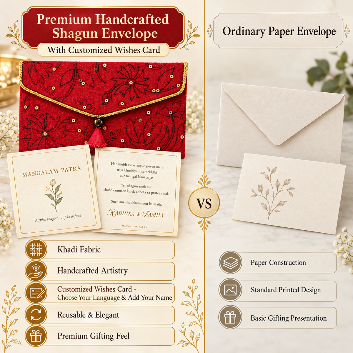 Mangalam Patra handcrafted Khadi envelope and wishes card visual