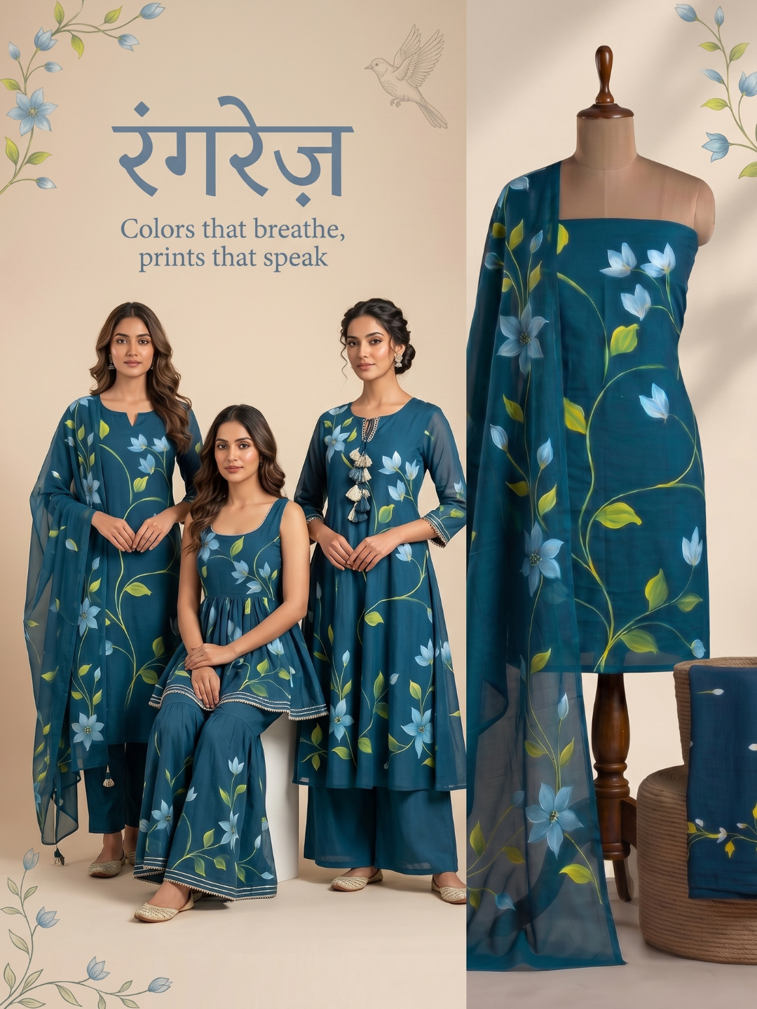 Khaddar Exclusive Hand Painted 3 Pcs Unstitched Suit Set - Midnight Teal Blossom
