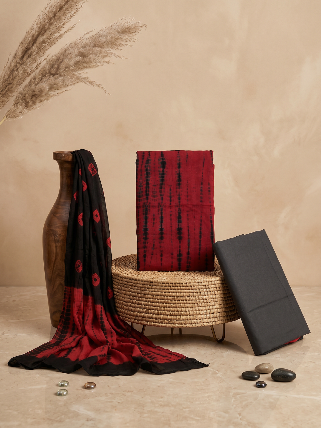 Red & Black Tie-Dye Shibori | 3-Piece Unstitched Suit Set