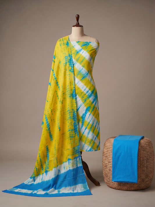 Yellow & Sky Blue Shibori Tie-Dye Pattern - 3-Piece Unstitched Suit Set
