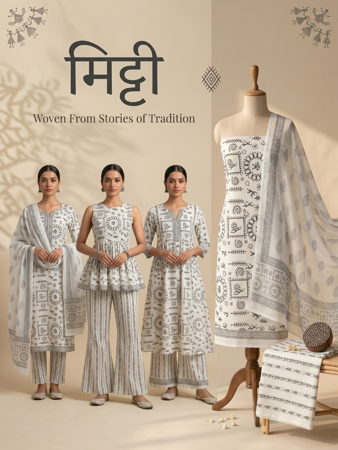 White & Black Tribal Block Print | 3-Piece Unstitched Suit Set