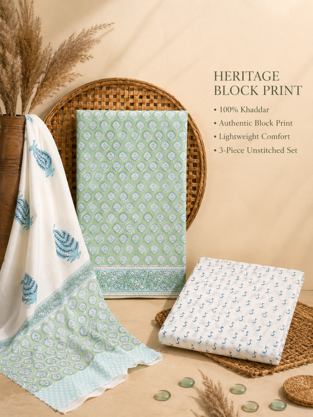 Mint Leaf Block Print | 3-Piece Unstitched Suit Set