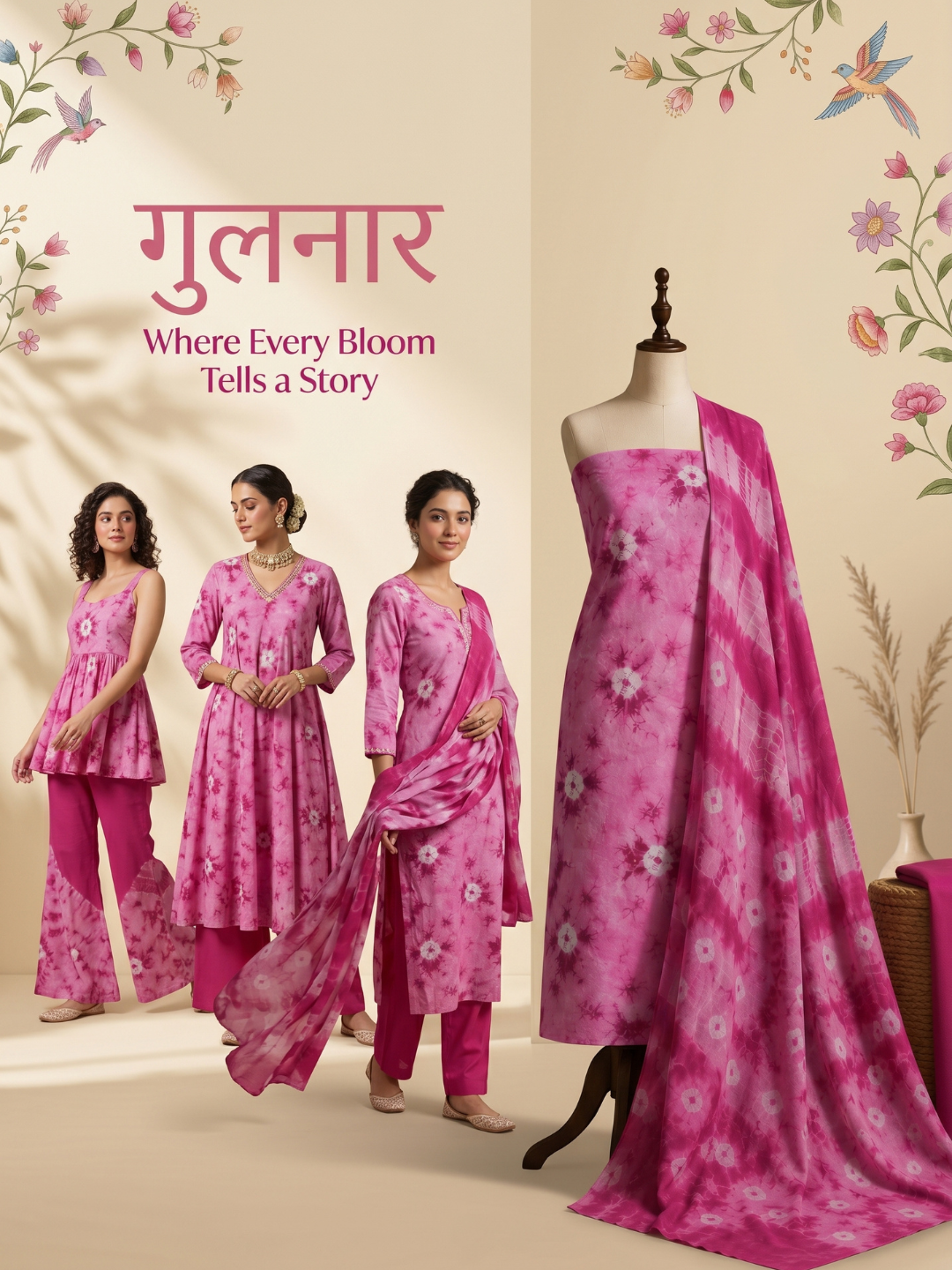 Pink Tie-Dye Shibori Print | 3-Piece Unstitched Suit Set