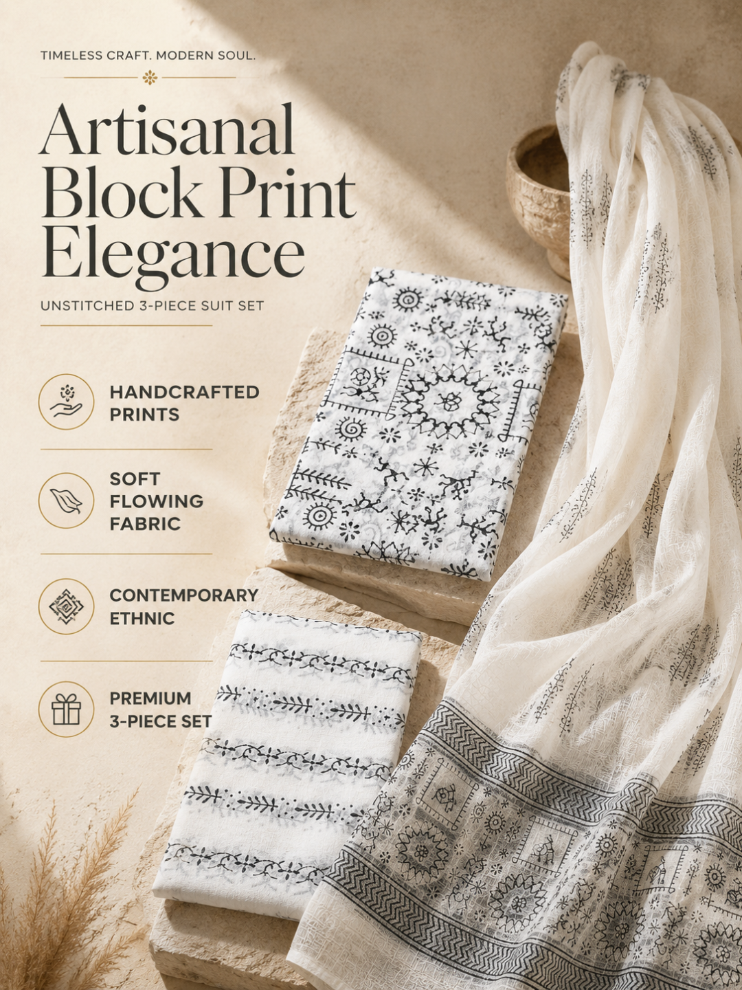 White & Black Tribal Block Print | 3-Piece Unstitched Suit Set