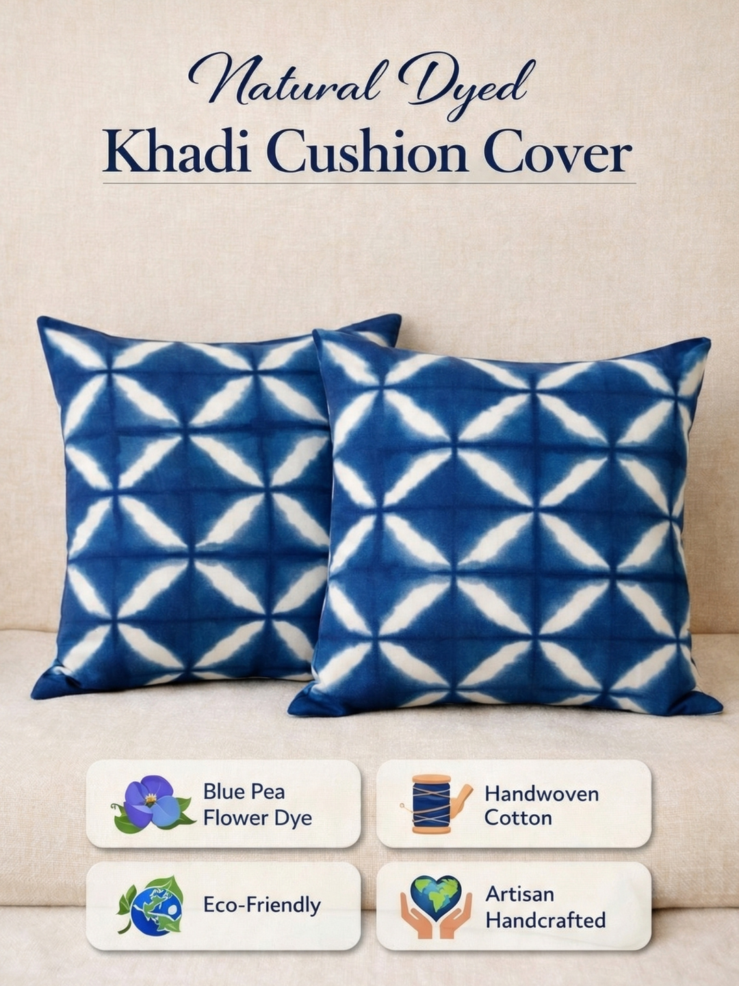 MOOL Khadi Cushion Cover Blue-Pea Flower Tie-Dye