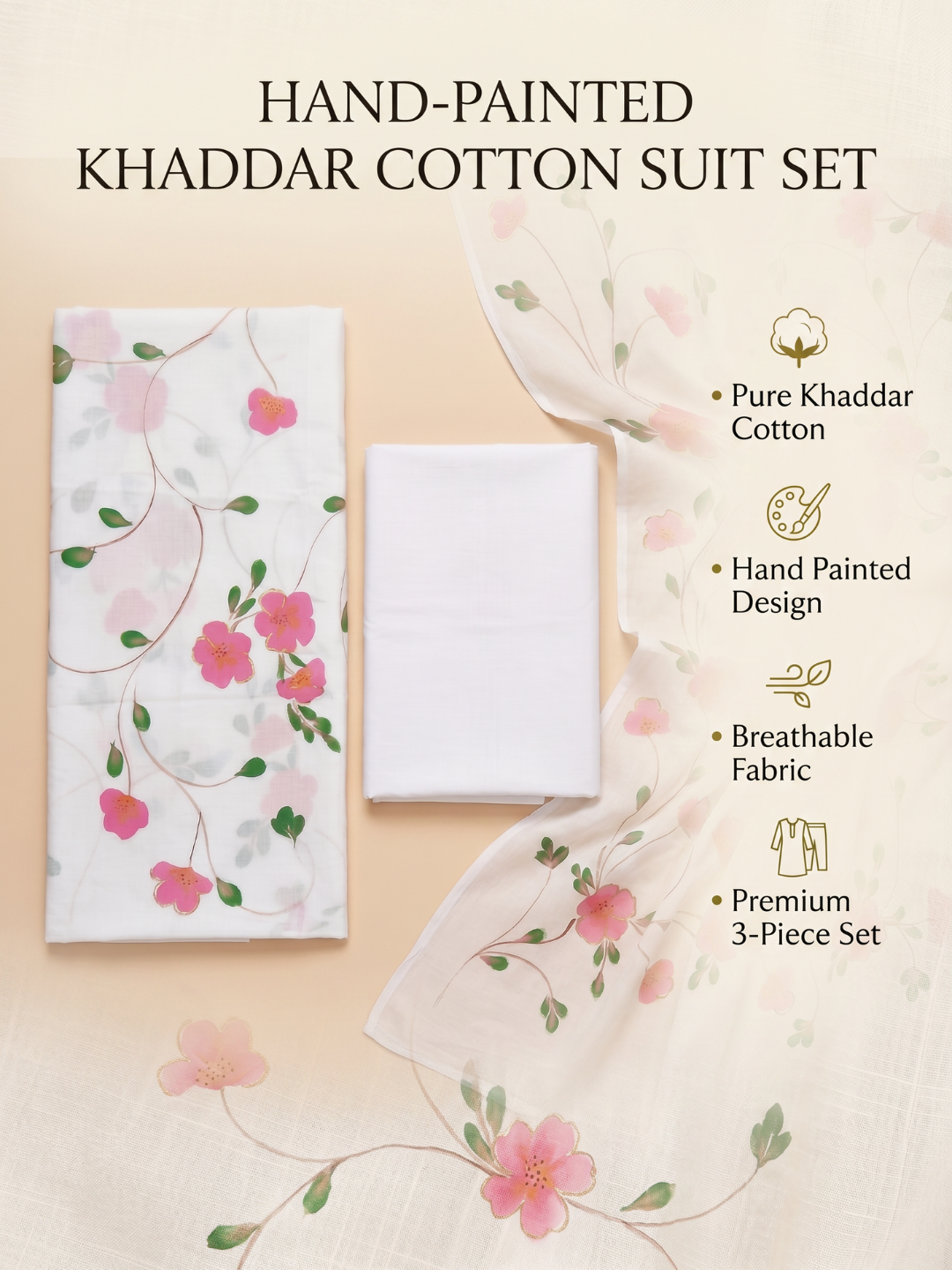 Khaddar Exclusive Hand Painted 3 Pcs Unstitched Suit Set - White & Pink Floral