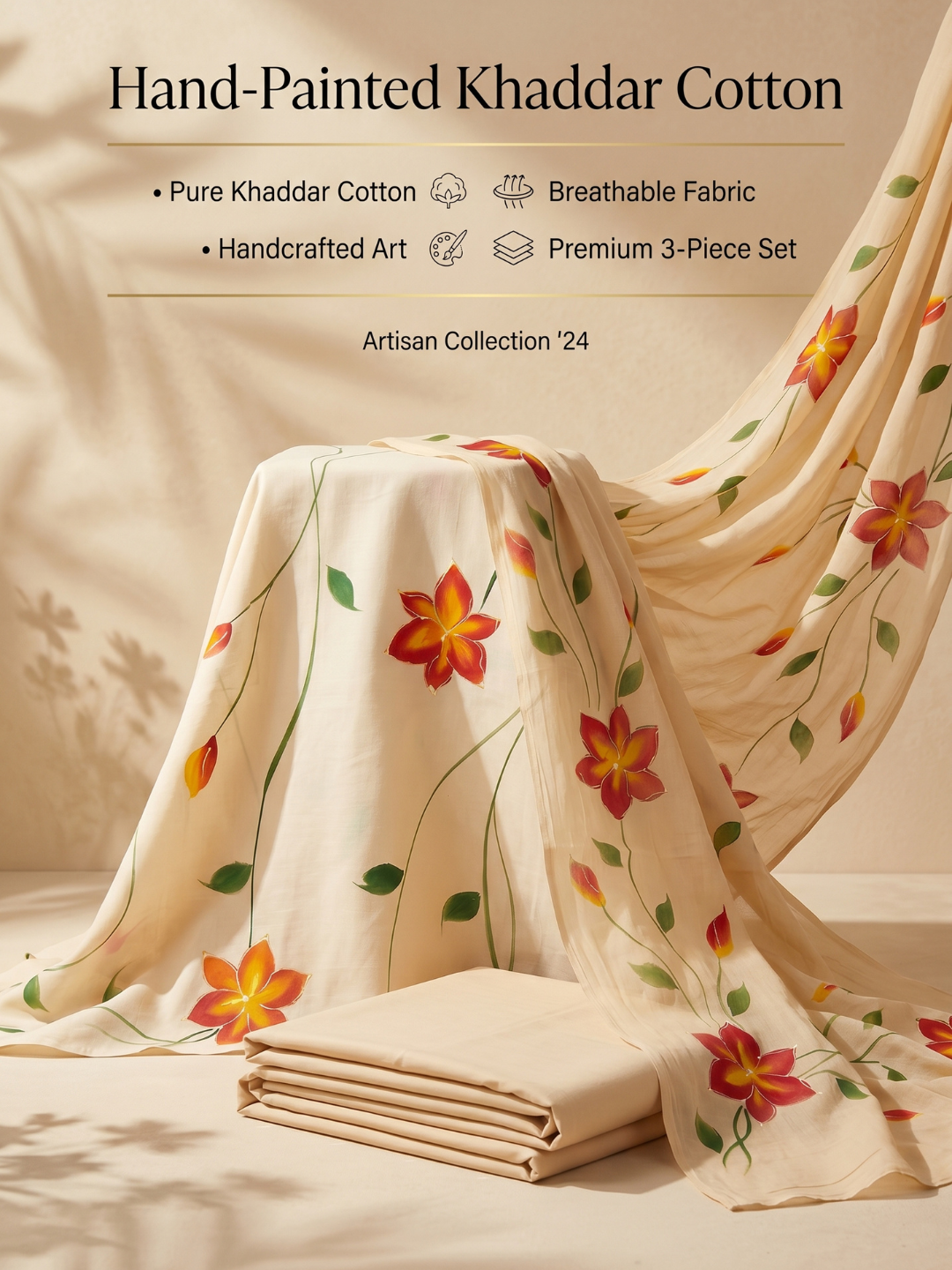Khaddar Premium Hand Painted 3 Pcs Unstitched Suit Set - Beige Floral Vine