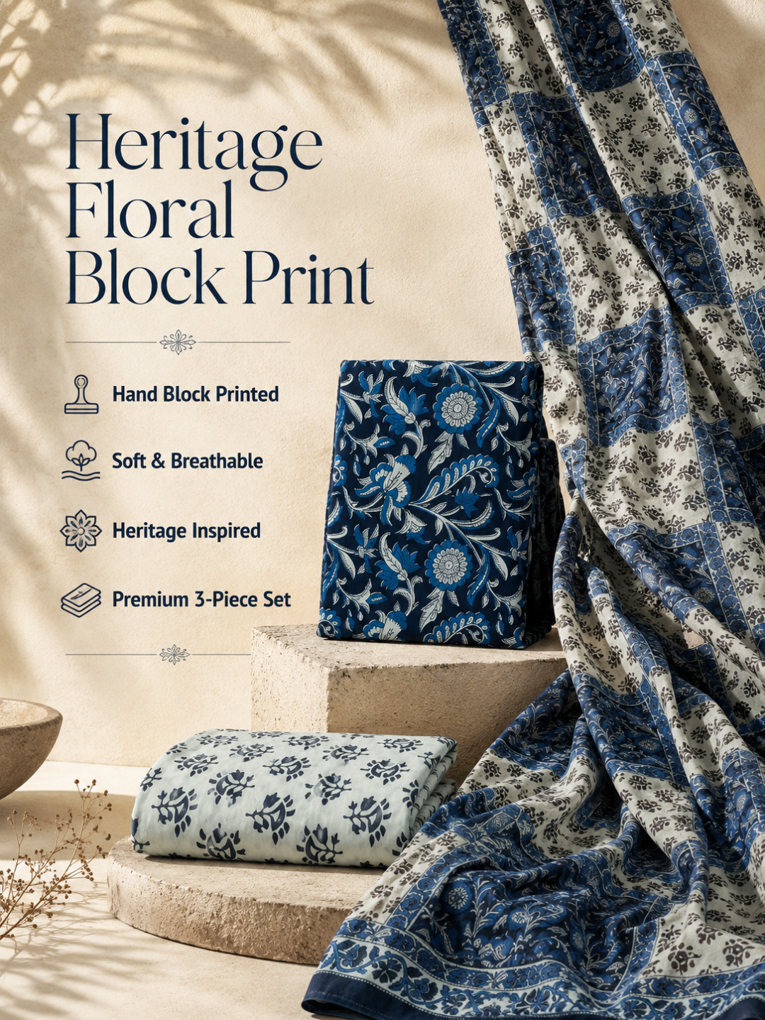 Indigo Floral Block Print | 3-Piece Unstitched Suit Set