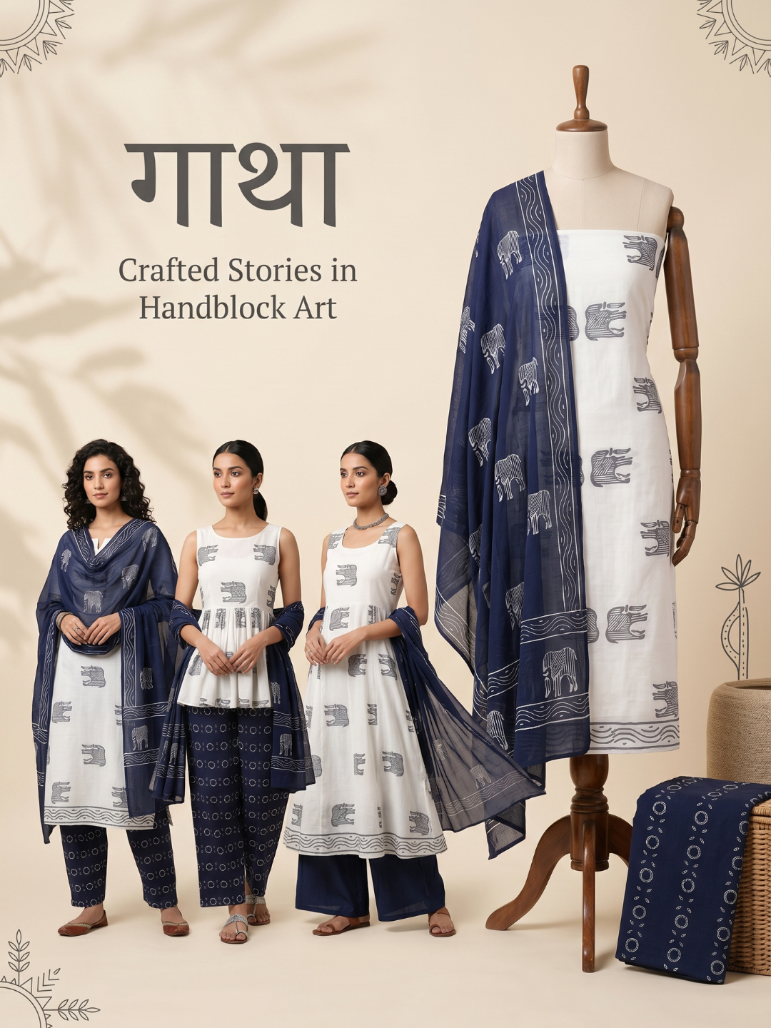White & Black Elephant Block Print | 3-Piece Unstitched Suit Set