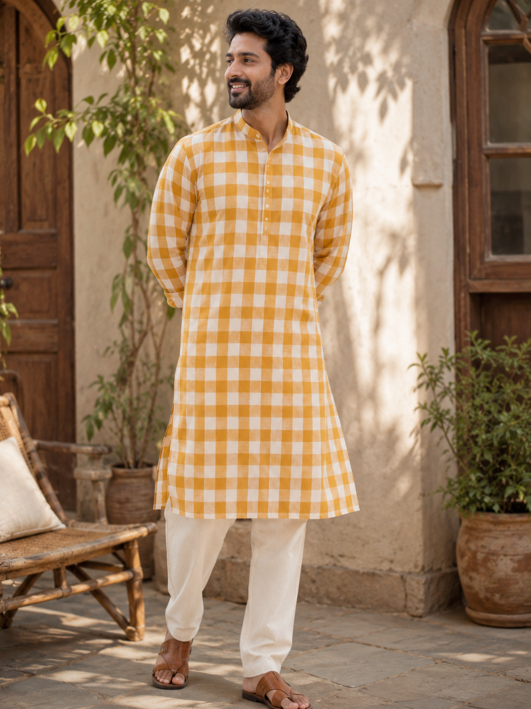 Authentic Mustard Checked Khaddar Cotton Fabric