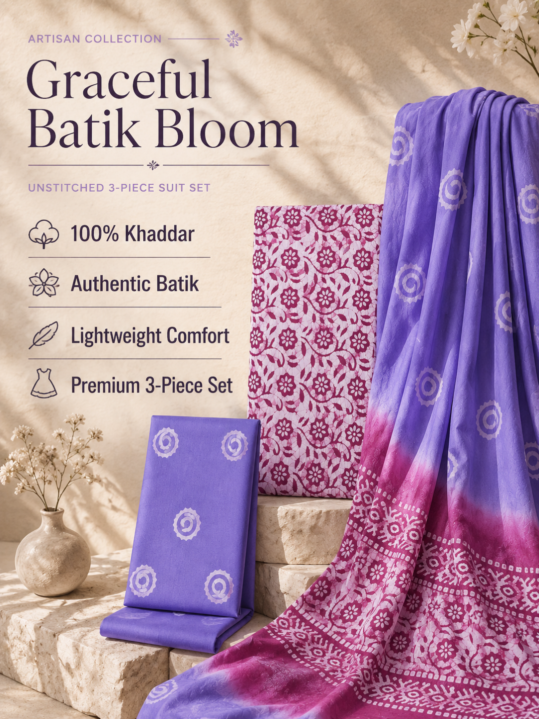 Lavender Batik Floral & Spiral Motif | 3-Piece Unstitched Suit Set