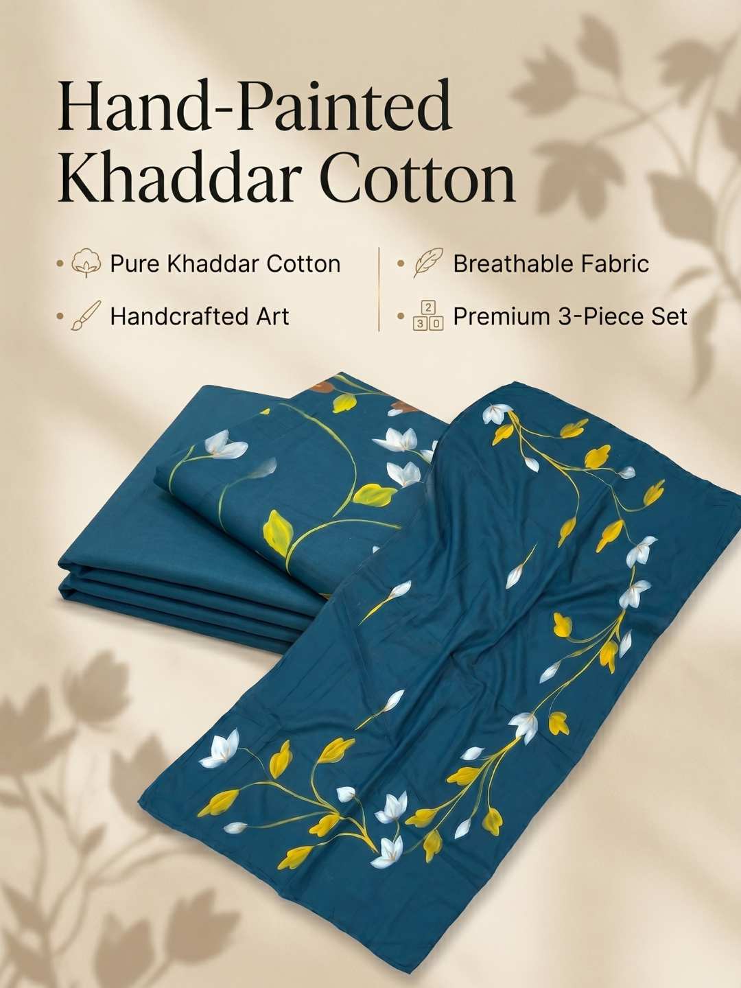 Khaddar Exclusive Hand Painted 3 Pcs Unstitched Suit Set - Midnight Teal Blossom