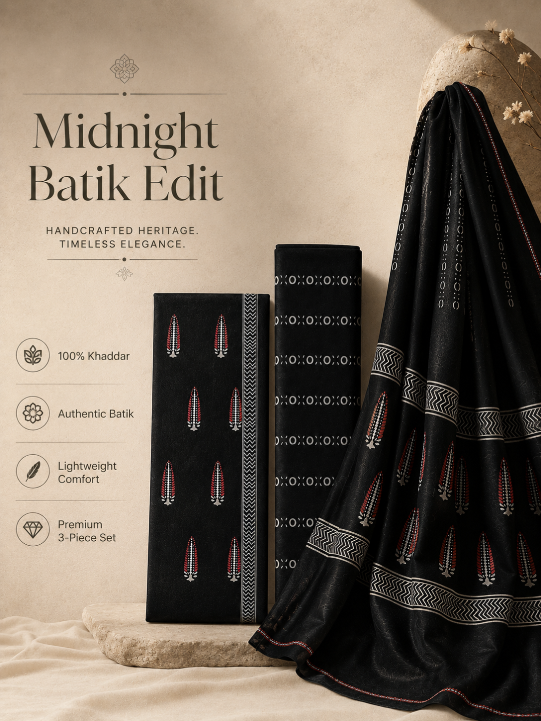 Black Batik Leaf Motif - 3-Piece Unstitched Suit Set