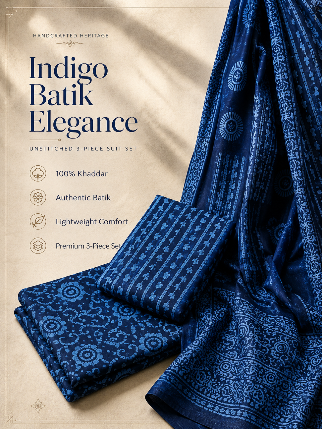 Blue Batik Spiral Print with Ethnic Dupatta 3 Pcs Unstitched Suit Set