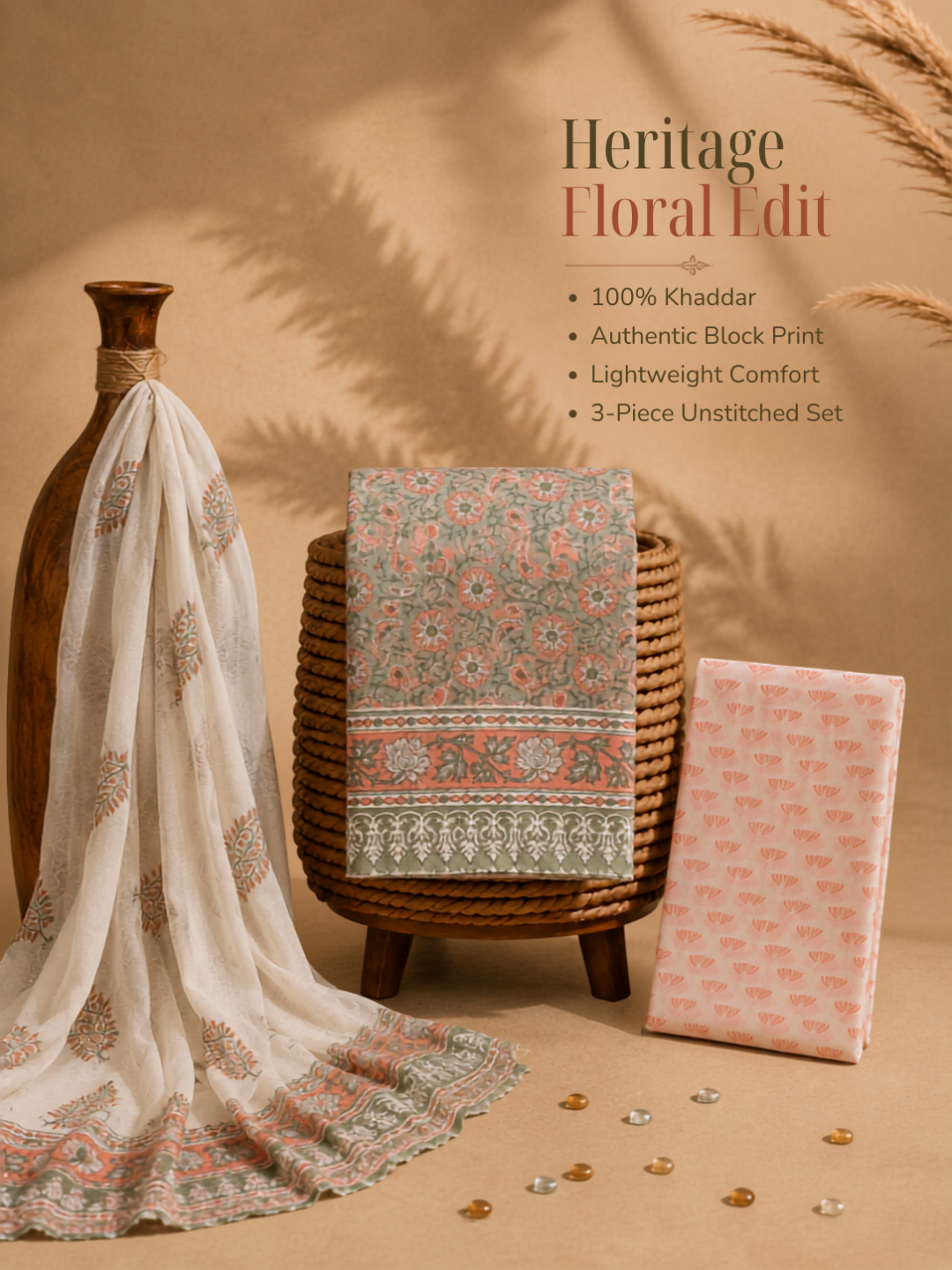 Sage Blossom Block Print | 3-Piece Unstitched Suit Set