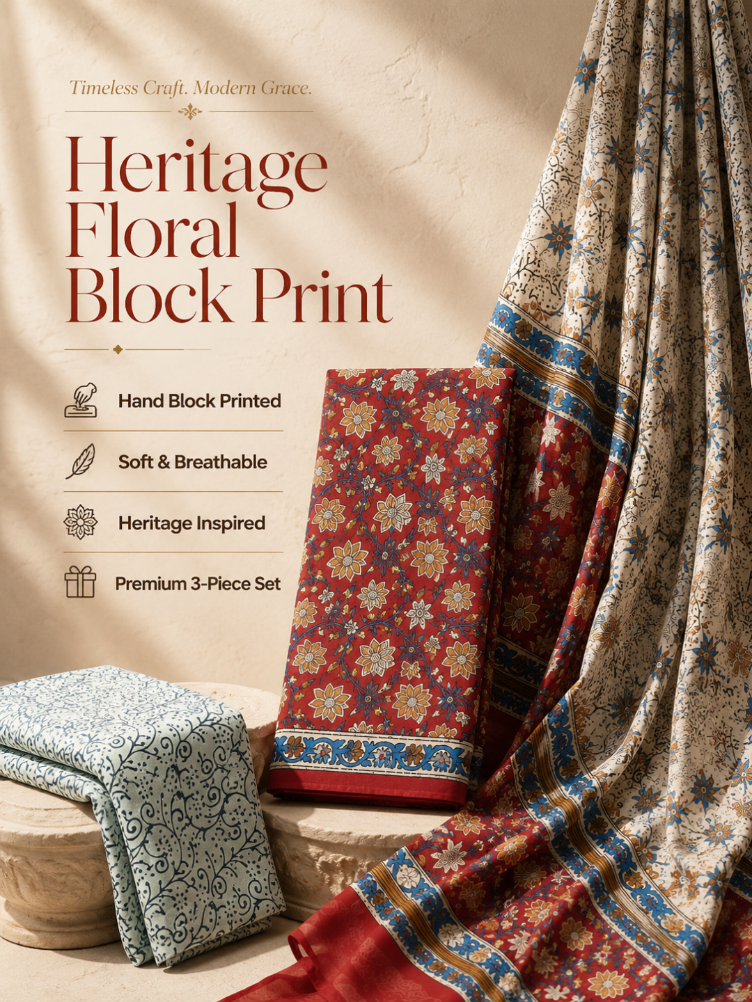 Rust Red Floral Block Print | 3-Piece Unstitched Suit Set